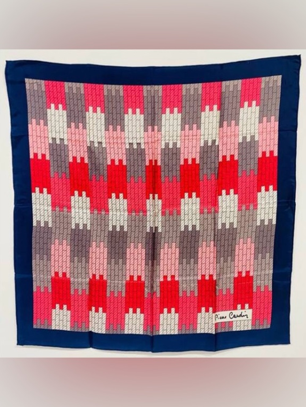 Pierre Cardin Navy Border Red & Pink Geometric Silk Scarf